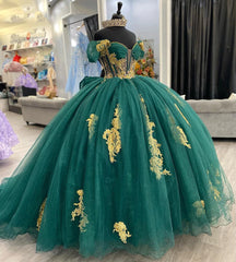 Emerald Green Off-Shoulder Ball Gown Puffy Sleeves Floral Lace Appliques Tulle Princess Quinceanera Dress for Sweet 16