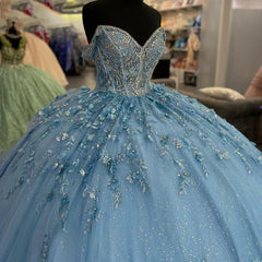 Light Blue Off-Shoulder Ball Gown with 3D Floral Appliques Tiered Tulle Quinceanera Dress for Sweet 16 & Formal Evenings