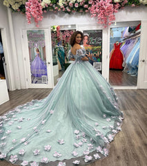 Off-Shoulder Ball Gown with Puff Sleeves 3D Floral Lace Appliques & Beaded Blue Tulle Perfect for Quinceanera & Sweet 16 Formal Events