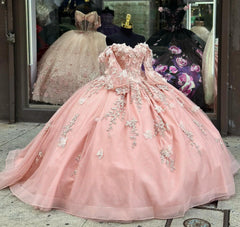 Exquisite Pink Tulle Quinceanera Dress Off-Shoulder Sweetheart Neckline with Lace Appliques & Beaded Detailing for Sweet 16 & Evening Galas