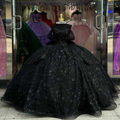 Off-Shoulder Ball Gown with Floral Appliques Beaded Bow & Tiered Tulle Skirt Perfect for Quinceanera or Sweet 16