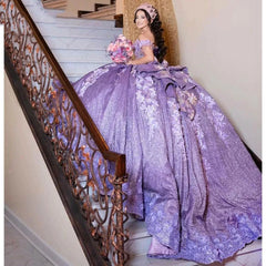 Off-Shoulder Purple Ball Gown 3D Floral Lace Beaded Sequins & Tiered Ruffles for Quinceanera Sweet 16 & Birthday Parties