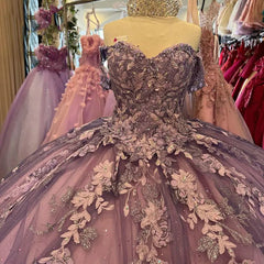 Off-Shoulder Ball Gown with 3D Floral Lace Appliques Glitter & Luxury Quinceanera Dress for Sweet 16 & Birthday Parties
