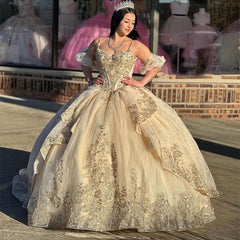 Champagne Quinceanera Dress Sweetheart Neckline Detachable Sleeves & Tiered Lace Applique Ball Gown for Sweet 16 Birthday & Evening Galas