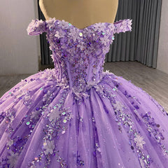 Off-Shoulder Purple Tulle Quinceanera Dress with 3D Flower Lace & Beaded Details Perfect for Sweet 16 & Evening Galas