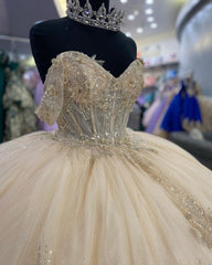 Exquisite Champagne Ball Gown Off-Shoulder Beaded Lace Quinceanera Dress for Sweet 16 & Formal Galas