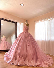 Exquisite Off-Shoulder Ball Gown 3D Floral Lace Appliques & Beaded Pink Satin Quinceanera Dress for Sweet 16