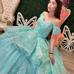 Off-Shoulder Ball Gown with 3D Beaded Flower Appliques & Ruffled Tulle Skirt Lake Blue Quinceanera or Sweet 16 Princess Dress