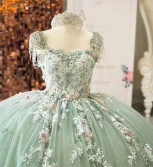 Exquisite Mint Green Ball Gown Strapless 3D Floral Applique Sweep Train Tulle Quinceanera Dress for Sweet 16