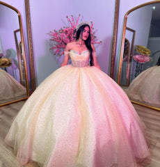 Off-Shoulder Beaded Tulle Ball Gown Princess Quinceanera & Sweet 16 Party Dress