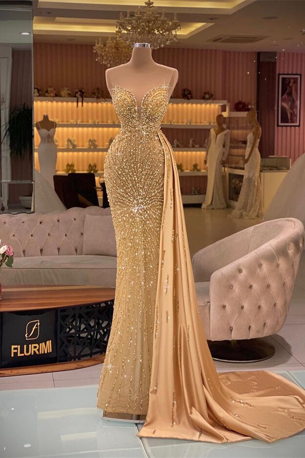 Newinlook Vintage Gold Sweetheart Mermaid Sleeveless Evening Dress Ruffle With Rhinestone Beadings