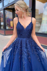Newinlook Elegant Dark Blue Straps Sweetheart Tulle Evening Dress With Appliques