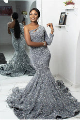 One Shoulder Long Sleeve Long Mermaid Formal Dress With Sequin