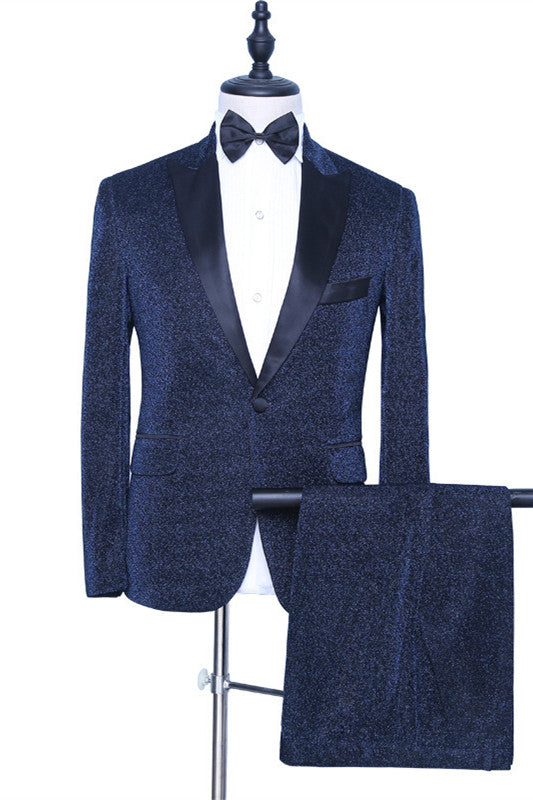 Newinlook Modern Sparkly Dark Navy Wedding Suit with Peaked Lapel for Groom