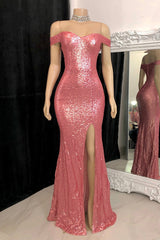 Newinlook Elegant Gorgeous Off-The-Shoulder Sequins Slit Evening Dress