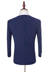 Newinlook One Button Navy Blue Fashion Slim Fit, Three Pieces with White Shawl Lapel