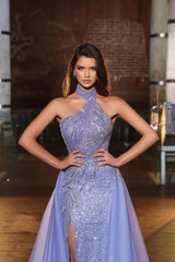 Newinlook Charming Purple Halter Tulle Split Mermaid Overskirt Evening Dress With Sequins Beads