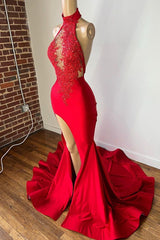 Newinlook High Neck Sexy Red Appliques Mermaid Slit Evening Dress With Backless
