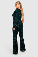 Newinlook Chic Dark Green Sequins One-Shoulder Party Jump Suit With One Sleeve