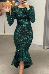 Stunning Black Mermaid Sequins Long Sleeves Formal Dress Online With Belt