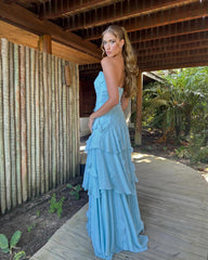 Chic Strapless Sleeveless Long Pleated Formal Dress With Ruffles