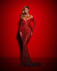 Newinlook Elegant Red Long Sleeve Mermaid Sequins Evening Dress Ball Gown