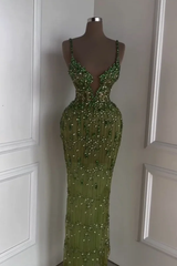 Spaghetti Strap Sleeveless Long Mermaid Formal Dress With Beading
