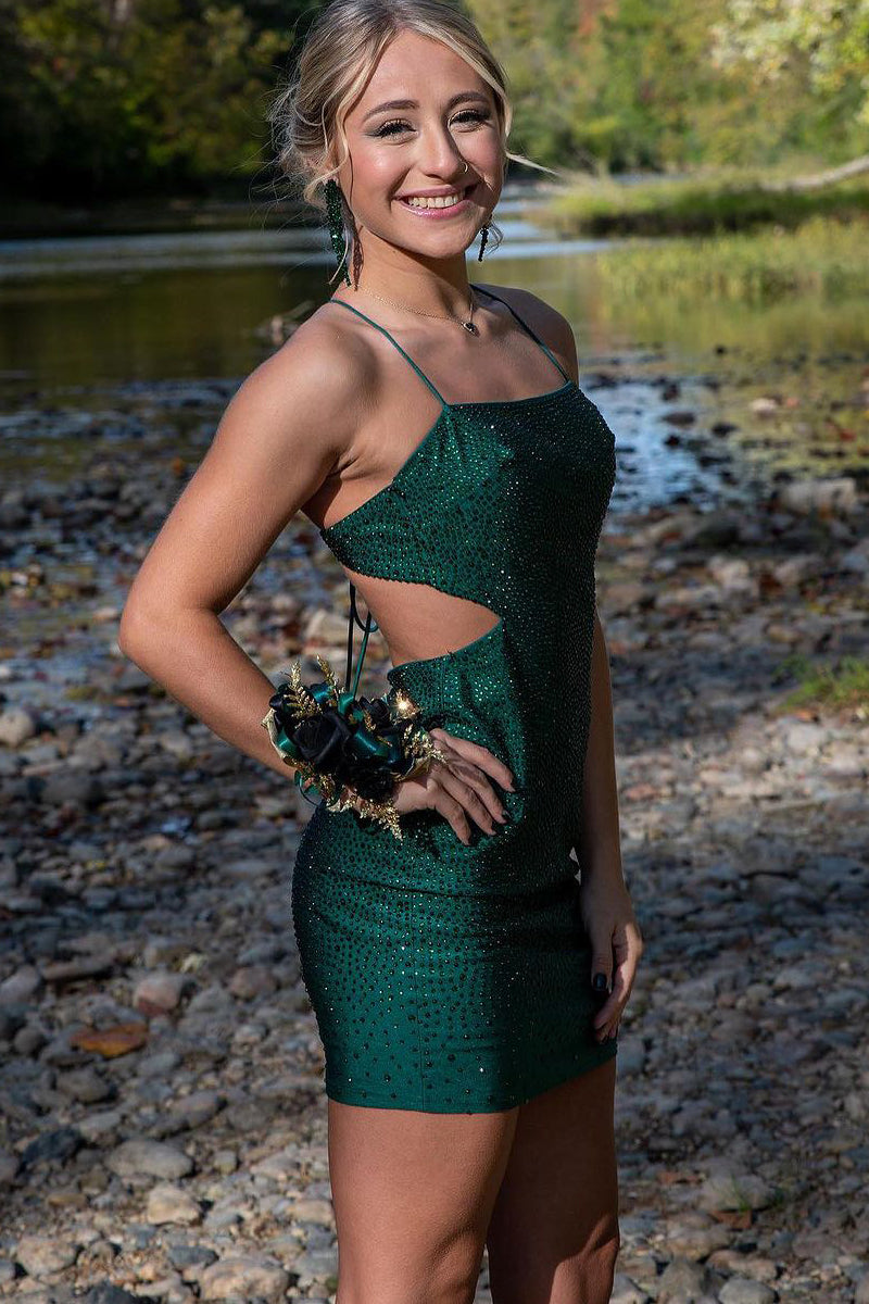 Dark Green Spaghetti Strap Short Homecoming Dress with Beading Newinlook Dark Green Spaghetti Strap Short Homecoming Dress with Beading Newinlook