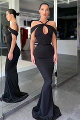 Newinlook Off-The-Shoulder Mermaid Black Halter Evening Dress