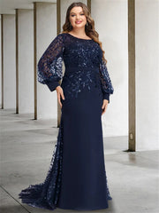 Sequined Floor-Length Mother of the Bride Dress with Scoop Neck and Long Sleeves