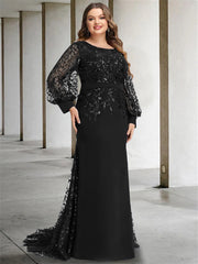 Plus Size Floor-Length Mermaid/Trumpet Mother of the Bride Dress with Scoop Neck and Long Sequined Sleeves