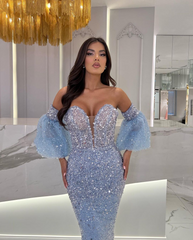Tea Length Light Blue Beaded Formal Dress Sequins With Puffy Sleeves
