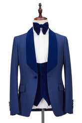 Newinlook Stylish Royal Blue Velvet Stitching One Button New Wedding Party Suit with Shawl Lapel