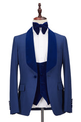 Newinlook Stylish Royal Blue Velvet Stitching One Button New Wedding Party Suit with Shawl Lapel