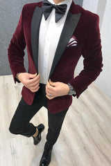 Newinlook Elegant Slim Fit Burgundy Two-Piece Reception Suit with Velvet and Black Satin Peak Lapel