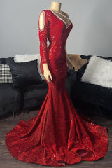 Newinlook Stunning Red Sequins One Shoulder Long Sleeve Mermaid Evening Dress Long