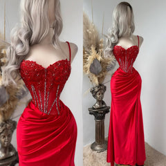 Newinlook Red Exquisite Spaghetti-Straps Embroidery Split Evening Dress
