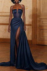 Spaghetti Strap Formal Dress Open Back Long Straight With High Slit