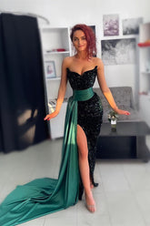 Newinlook Sexy Sweetheart Slit Dark Green Mermaid Evening Dress With Fabulous Sequins Ruffles
