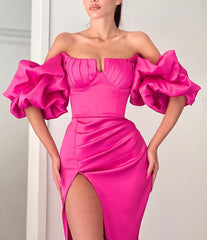 Newinlook Fuchsia Strapless Mermaid Off-The-Shoulder Puff Sleeves Evening Dress With Split