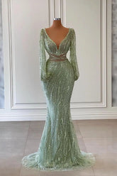 Newinlook Light Green Long Sleeves V-Neck Evening Dress Mermaid With Sequins Beads