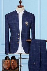 Newinlook Shining Dark Navy Three-Piece Groom and Groomsmen Suit with Plaid