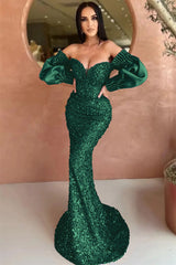 Newinlook Off-The-Shoulder Sweetheart Long Sleeves Evening Dress With Sequins Mermaid