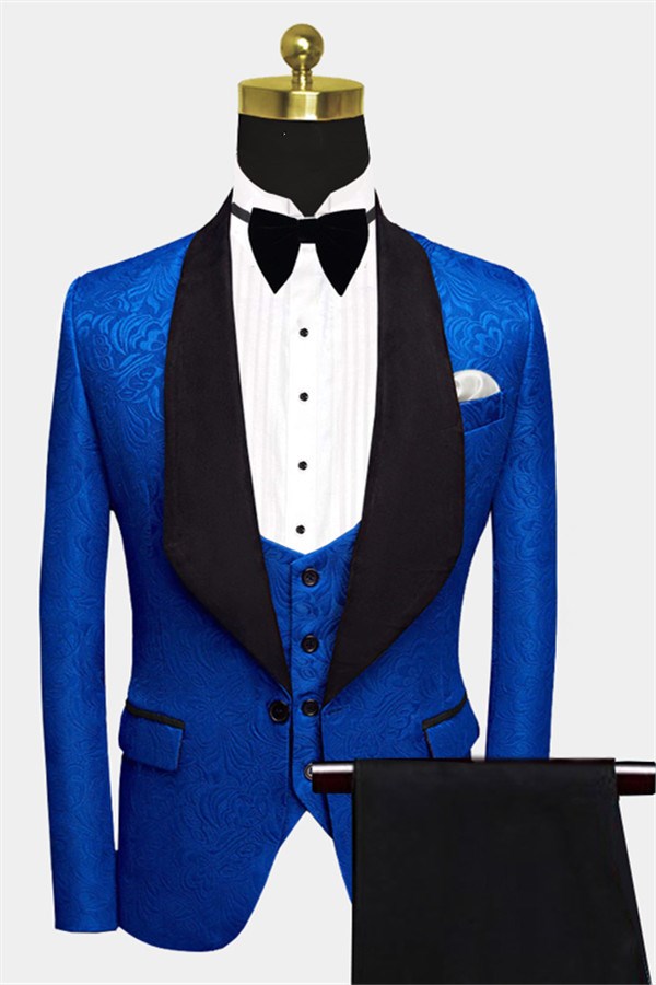 Newinlook Royal Blue Floral Jacquard Wedding Suit - Three Pieces for Men