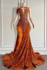 Mermaid Style Burnt Orange Sequins Long Length Prom Dresses with Side Slit Beadings and Feathers