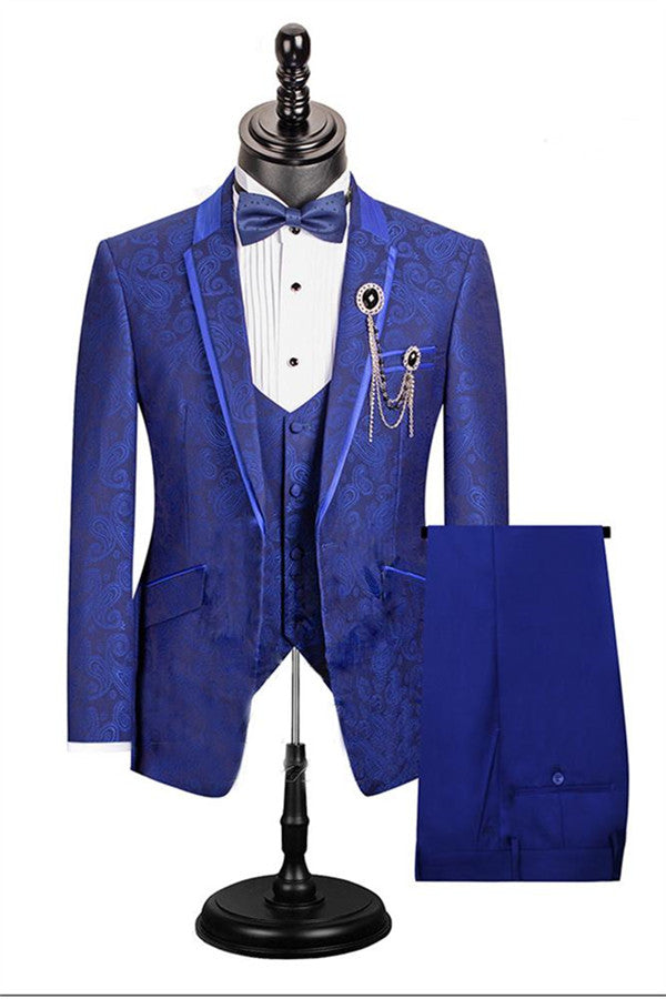 Newinlook Royal Blue Single Button Paisley Pattern Dinner Prom Suit, Three Pieces for Men