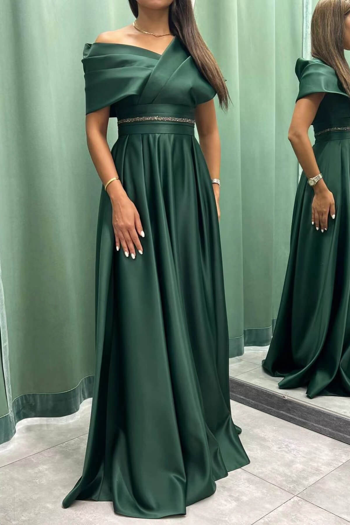 Newinlook Long Elegant Evening Dress Pleat Off-The-Shoulder