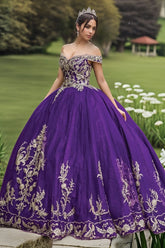 Exquisite Dark Purple Quinceanera Dress Off-Shoulder Ball Gown with Gold Flower Appliques & Lace-Up Corset for Sweet 16 or Birthday Celebrations