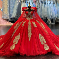 Sweetheart Neckline Long Sleeve Gold-Embellished Red Tulle Quinceanera Dress Stunning 16th Birthday Party Gown