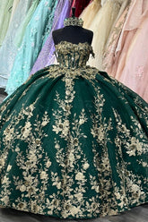 Dark Green Off-Shoulder Ball Gown Sequined Pleated Tulle Quinceanera & Evening Party Dress